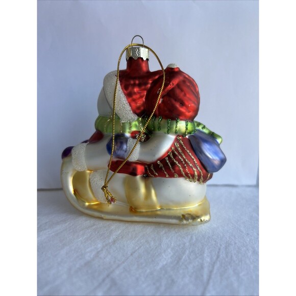 Vintage Glass Snowman Sled Ornament Hand Painted Glitter Christmas Holiday - Picture 4 of 7